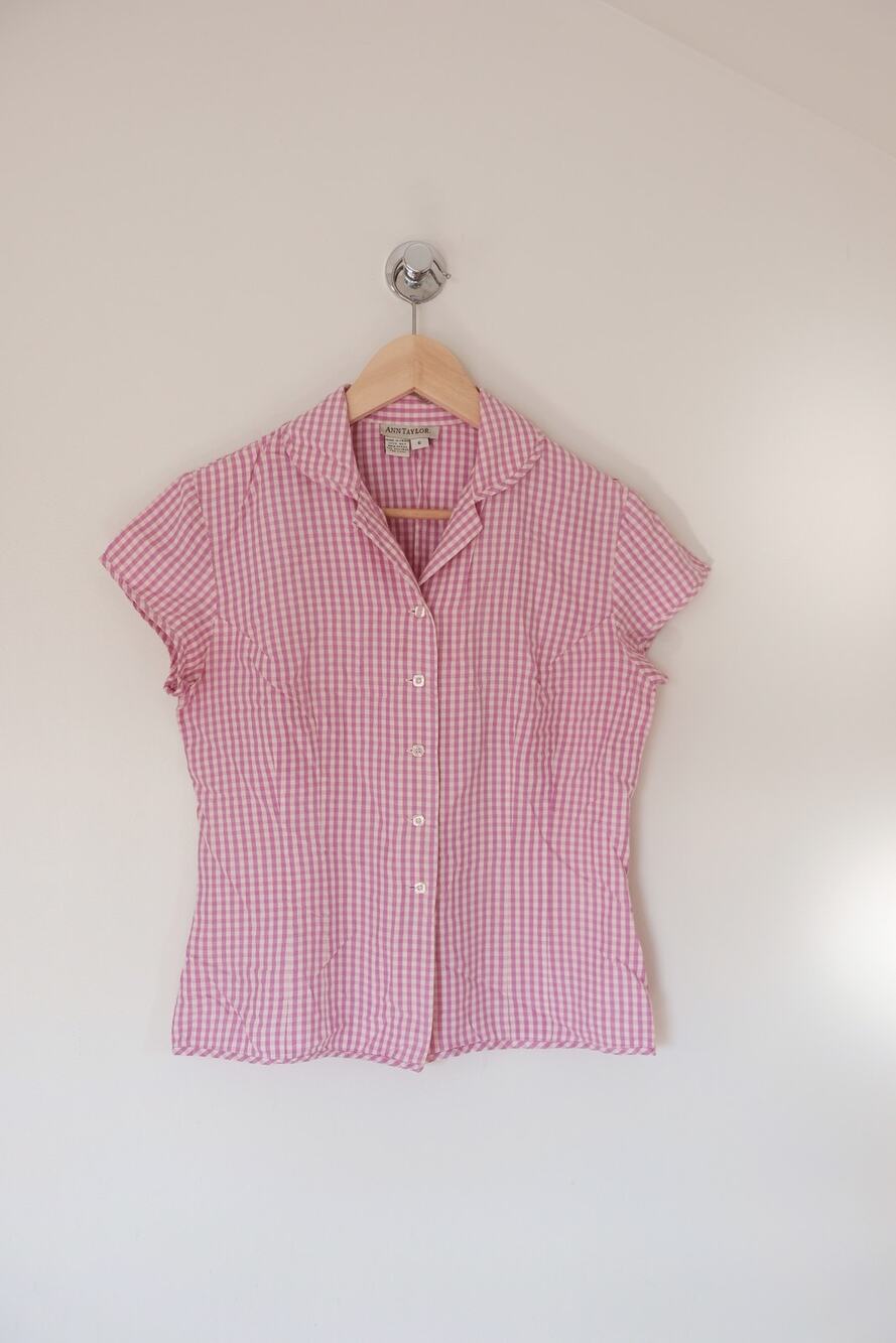 Vintage Cottagecore Coquette Ann Taylor 100% Silk Pink Gingham Check Blouse 6